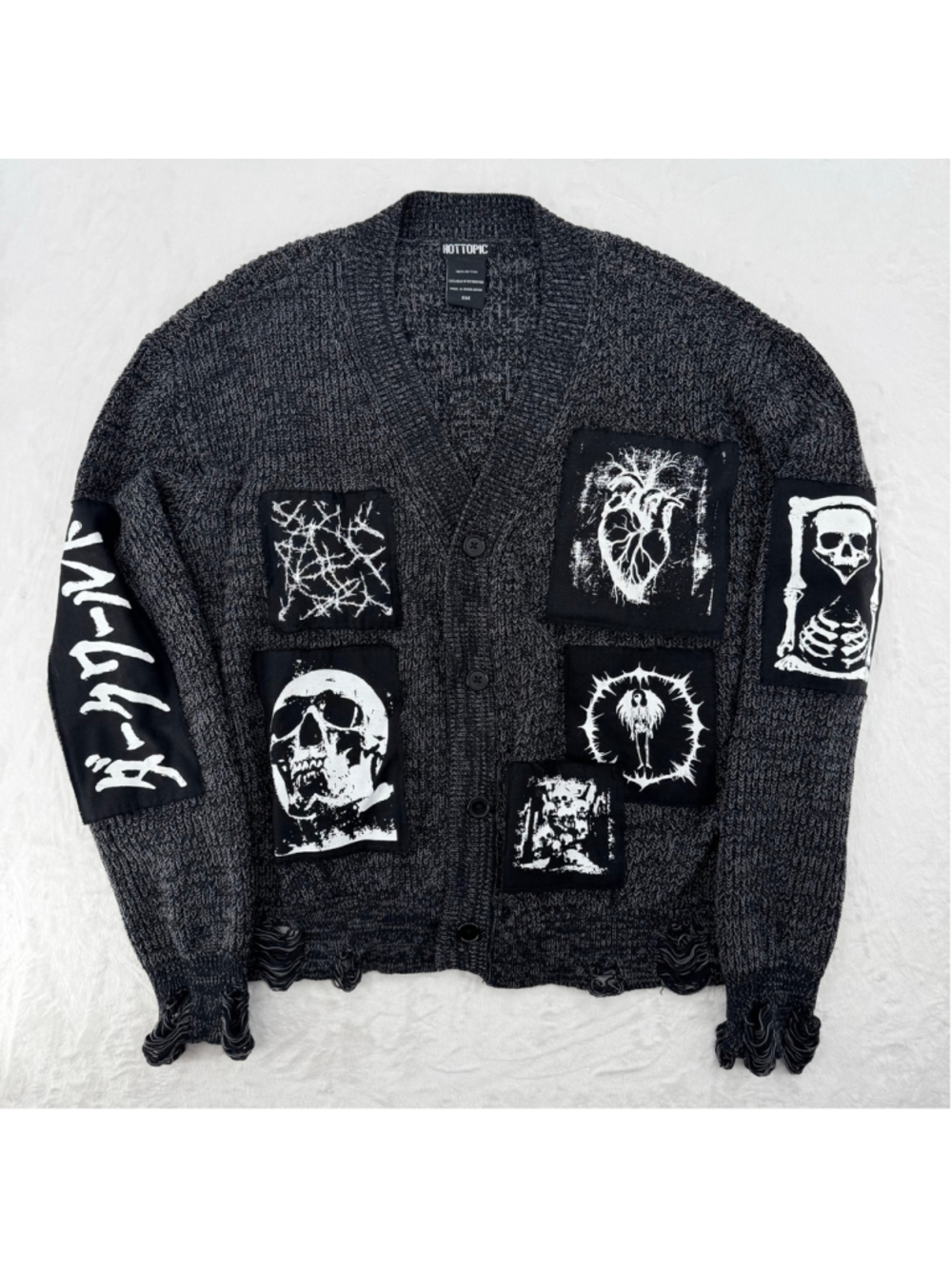 Hot Topic Skull Black White Cardigan Sweater Gothic Skeleton Distressed Punk S/M